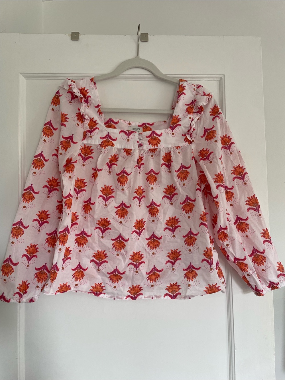 J. Crew Factory Pink Cotton Peasant Blouse with Orange & Fuchsia Floral Motif